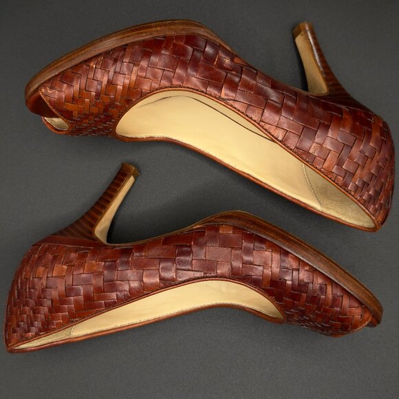 Cole Haan Genevieve Woven Leather Peep-Toe Pumps, Cognac Brown, Nike Air, US 5B - Picture 7 of 11